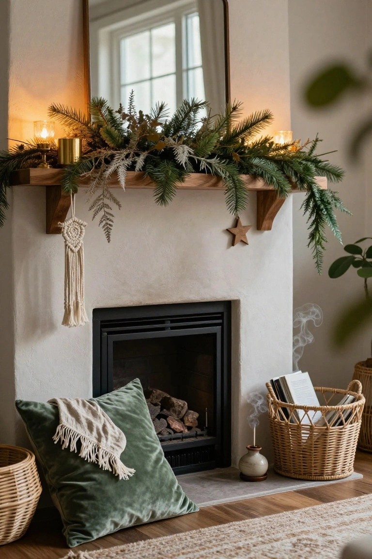 White stone fireplace mantel decorated with lush evergreen garland, dried botanicals, gold candles, macrame dreamcatcher, wooden star, green velvet pillow on hearth, and incense holder.