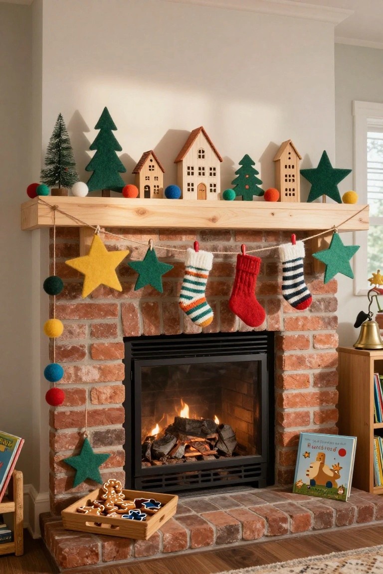 Brick fireplace mantel decorated for Christmas with wooden miniature houses, green felt trees, colorful striped and solid wool stockings hanging from a twine garland with yellow and green felt stars and wool pom poms, orange wooden balls, gingerbread cookies in a wooden tray by the hearth, and children's books on a nearby wooden shelf.