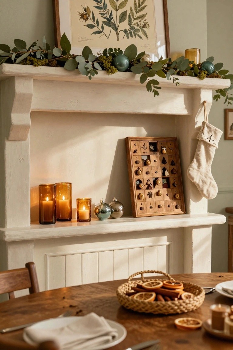 White fireplace mantel decorated with eucalyptus garland, moss, blue glass baubles, amber glass candles, wooden advent calendar, and white Christmas stocking hanging beside it, with a wooden dining table holding a basket of orange slices and cinnamon sticks in the foreground.