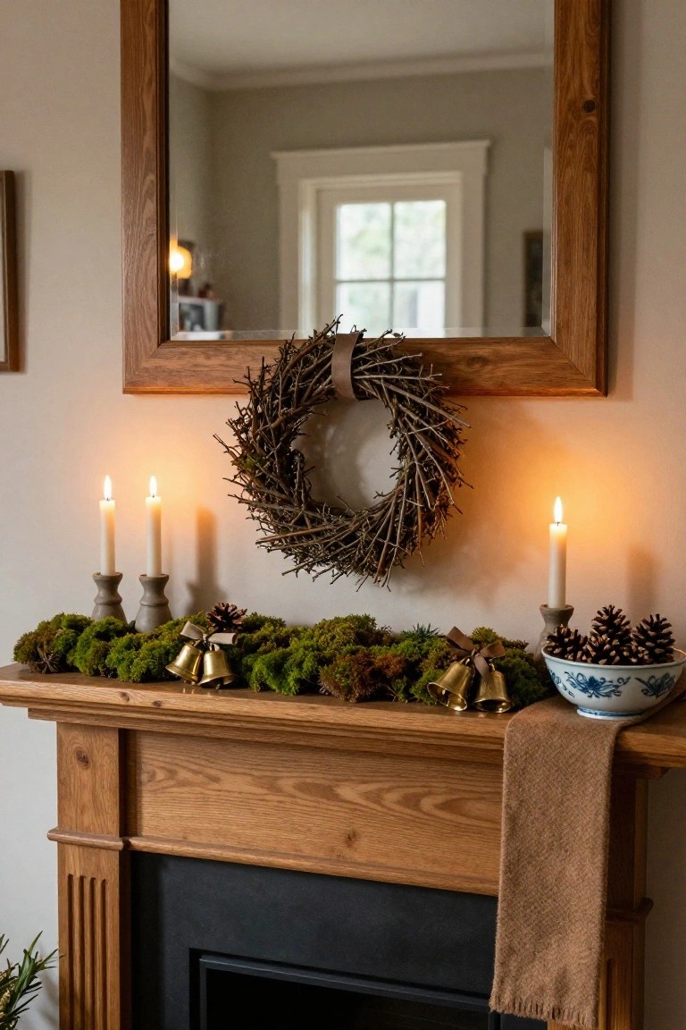 Wooden fireplace mantel decorated with green preserved moss garland, pinecones, gold bells with ribbons, gray candle holders with white candles, blue and white bowl, tan woven runner, and a twig wreath in a wooden mirror frame above.