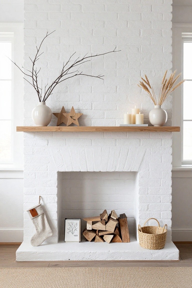 White brick fireplace with oak mantel decorated with white vases holding branches and wheat stalks, wooden star ornaments, white candles, stacked firewood, woven basket, and a neutral Christmas stocking hanging on the side.
