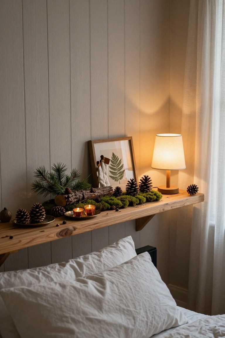Wooden floating shelf above a white bed decorated with pinecones, moss, branch, candles, framed fern artwork, and a lamp, against light gray vertical plank walls with sheer curtains and pillows visible.