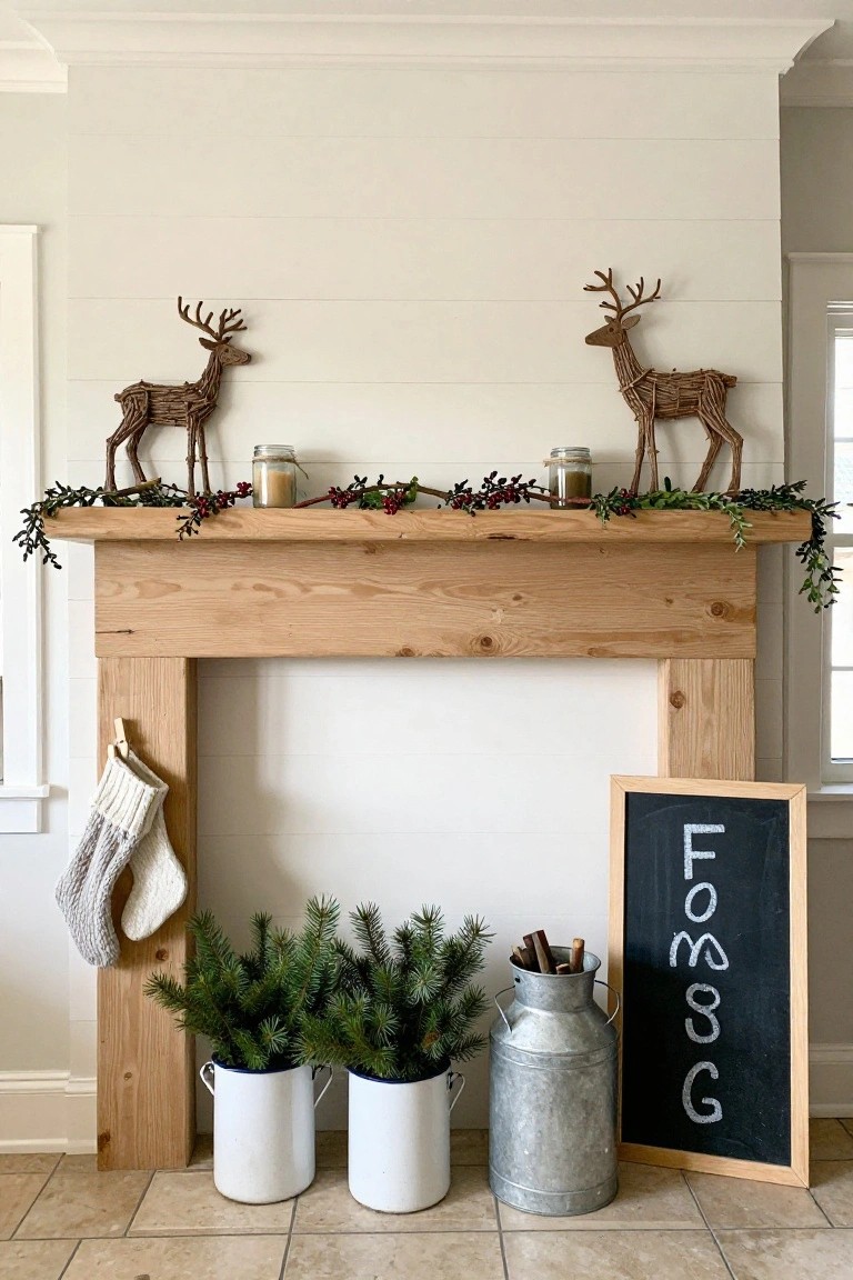 Wooden faux fireplace mantel with twig reindeer figures on the shelf, evergreen garland with red berries and candles, hanging knit stocking on the side, two potted fir trees in white buckets, galvanized milk can with sticks, and chalkboard sign on tiled floor against white shiplap wall.