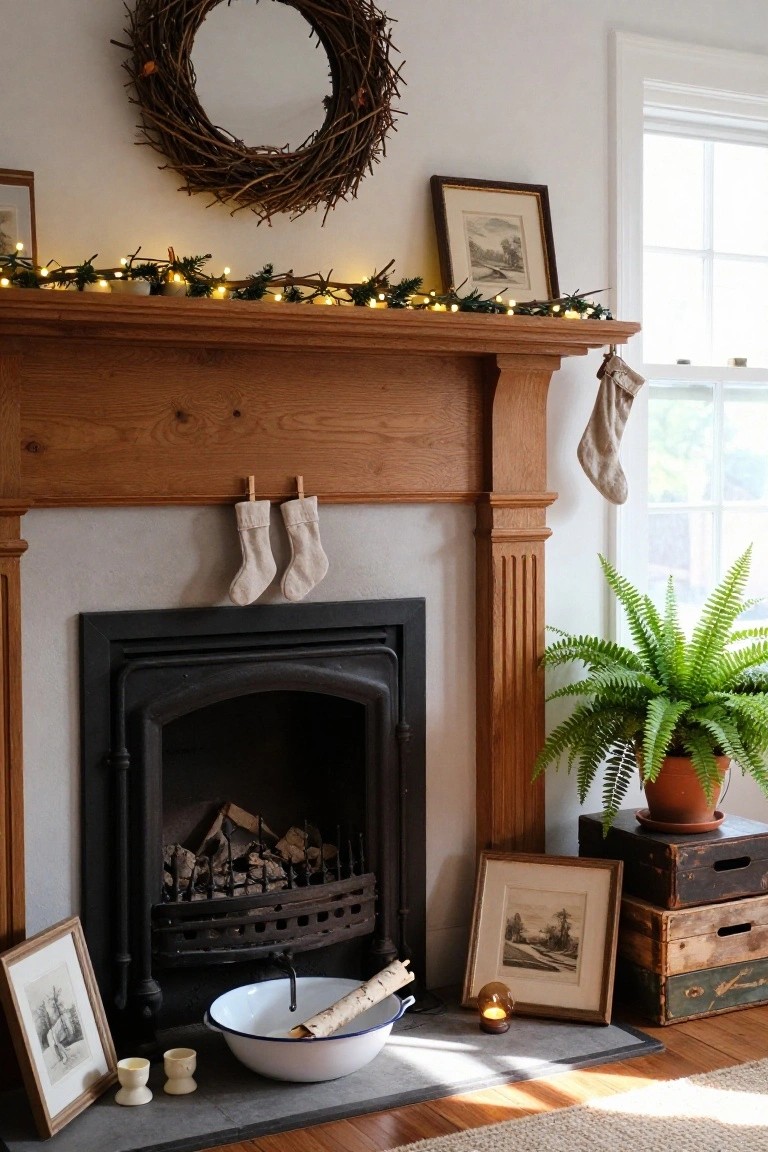 Cozy fireplace with stockings, plant, framed art, and wooden decor, warmly lit.