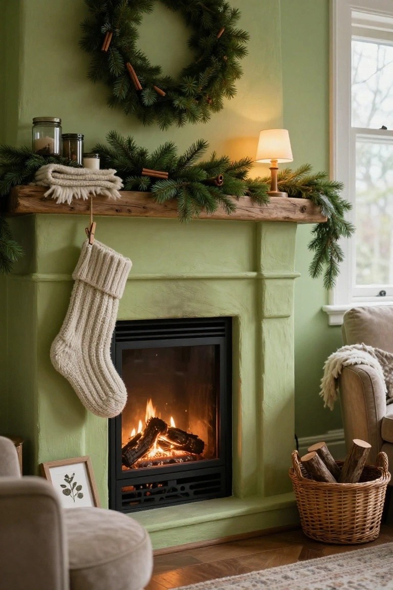 Cozy fireplace with green walls, festive wreath, knitted stocking, and logs in a basket.
