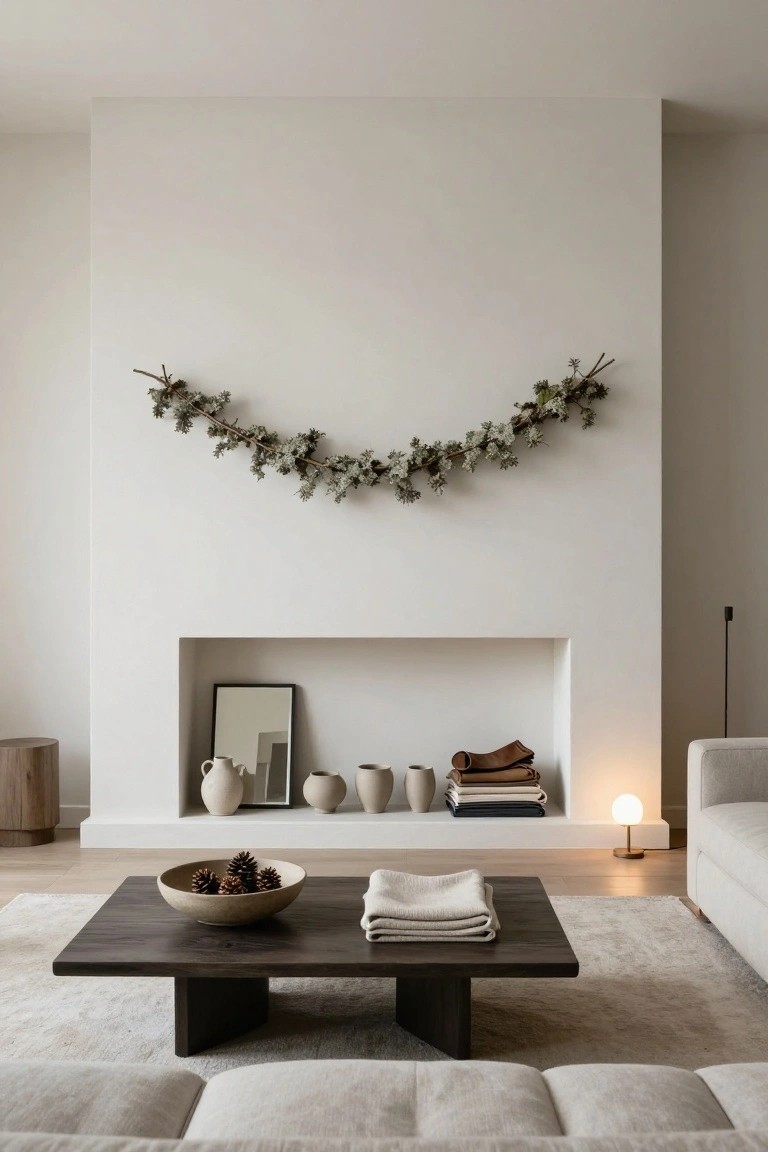 Modern living room interior featuring a white fireplace with a draped garland of eucalyptus branches on the mantel, ceramic vases and folded fabrics in the niche, pinecones in a bowl on a dark wood coffee table, and a beige sofa.