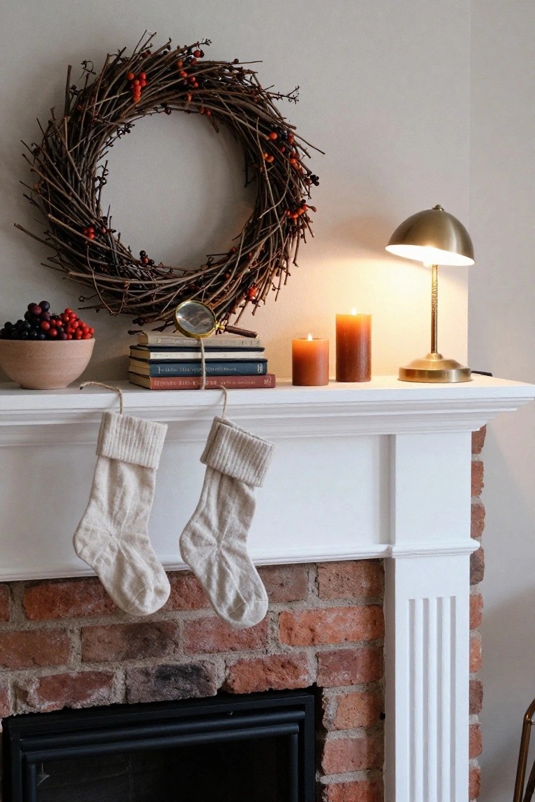 Cozy fireplace mantel decorated with a wreath, stockings, books, and candles.