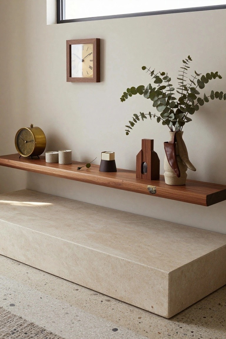 Wooden floating shelf with brass alarm clock, gray candles, ceramic vessels, wooden sculpture, beige vase holding eucalyptus branches, and a leather boot above a beige stone platform in a beige room with window and wall clock.