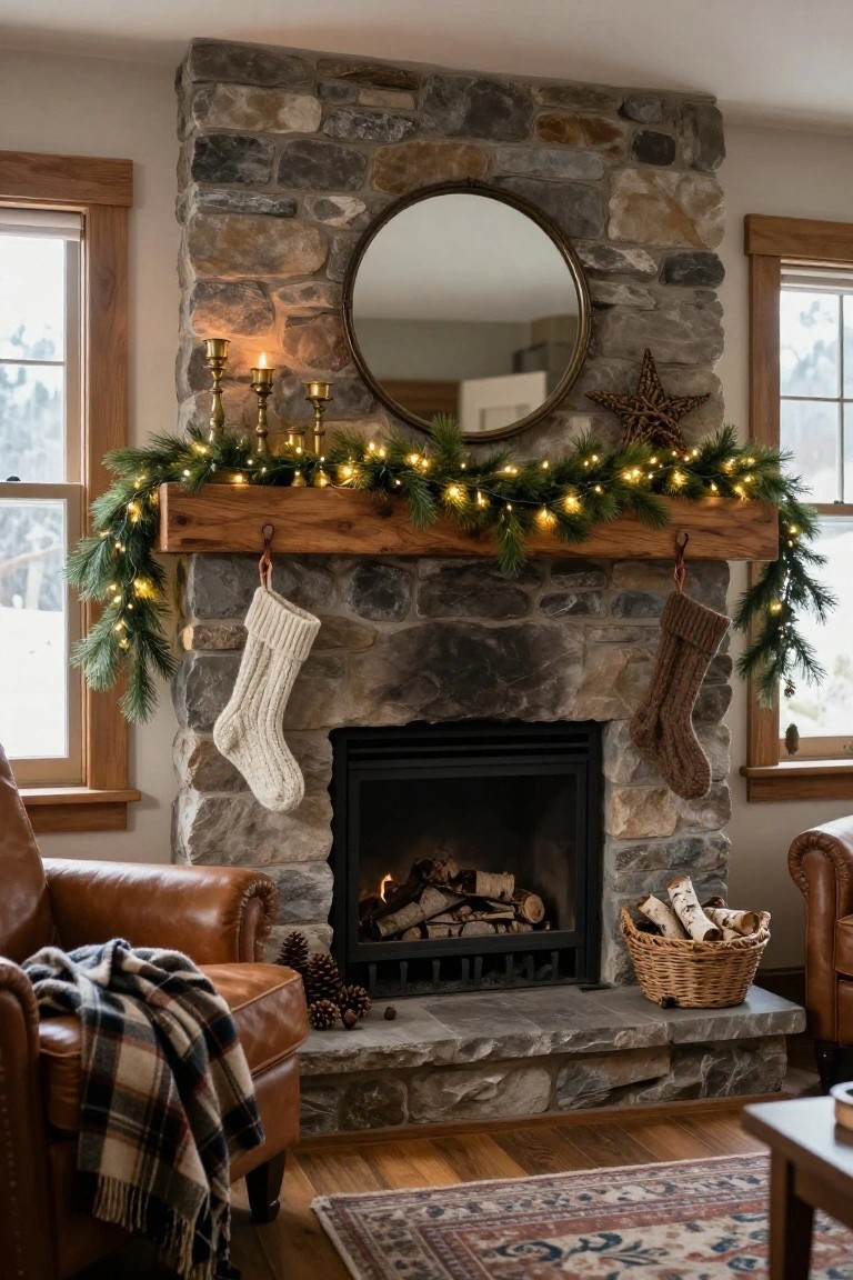 Stone fireplace mantel on wooden beam decorated with evergreen garland strung with fairy lights, brass candlesticks, knit stockings in white and brown, and a woven star, with birch log basket nearby and leather armchairs with plaid blanket in the room.