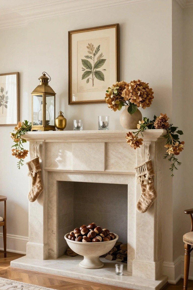 Elegant fireplace with marble surround, adorned with stockings, floral arrangements, and decorative lanterns.