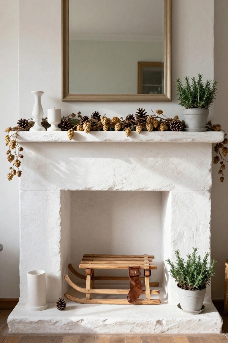 White stone fireplace mantel decorated with garlands of dried hops and pinecones, white candles, potted rosemary plants on either side, and a wooden sled with leather stocking on the hearth below.