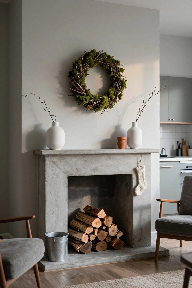 Gray concrete fireplace mantel with a moss and twig wreath centered above the firebox, white and terracotta vases with branches on the shelf, a white knit stocking hanging from a hook, stacked firewood in a metal bucket beside the hearth, flanked by two gray upholstered armchairs, and a glimpse of a modern kitchen in the background.