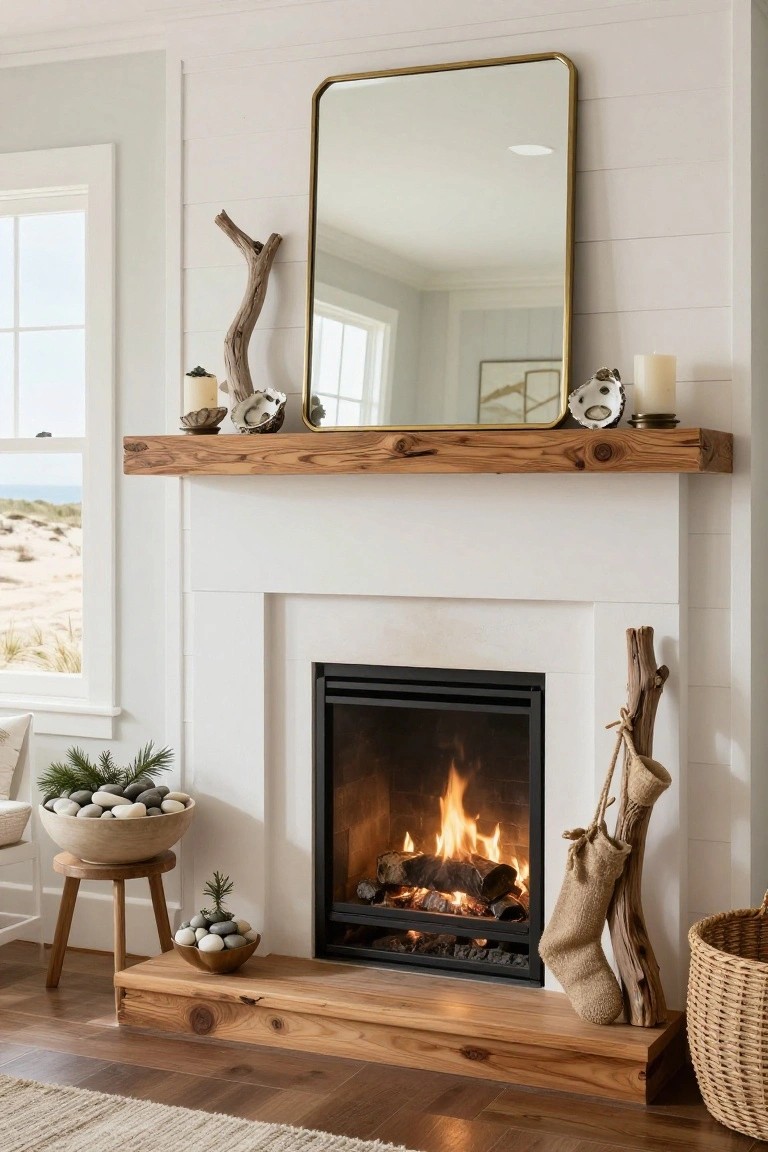 White fireplace with wooden mantel shelf holding gold-framed mirror, driftwood branch, seashells, candles, and small greenery arrangements, flanked by pine branches in bowls, burlap stocking on wood stick, and woven basket on hearth, with ocean view window nearby.