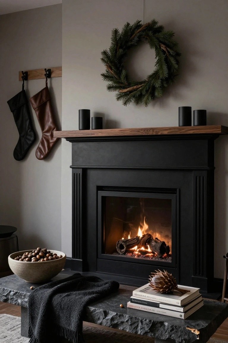 Black fireplace mantel with wooden top holding black cylindrical candles, evergreen wreath hanging above, two leather stockings on wooden hooks to the side, and low black stone coffee table in front with gray throw, stack of white books topped by brown protea, and large terracotta bowl of hazelnuts.