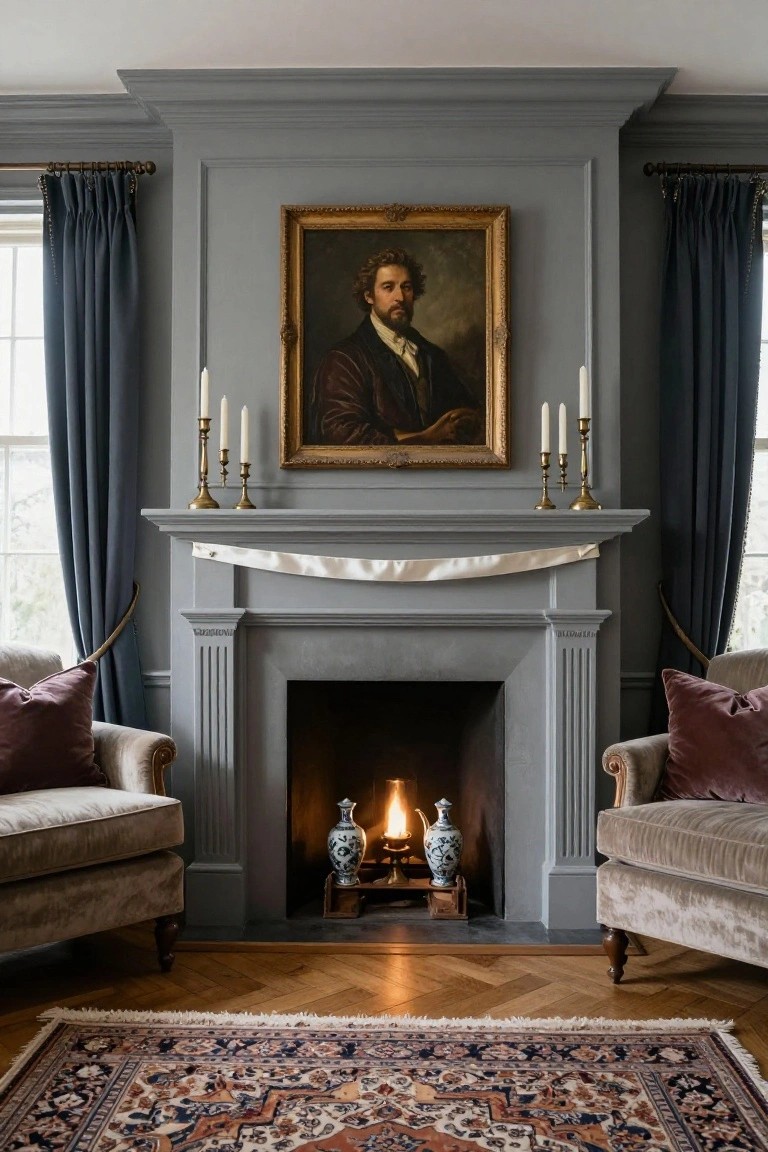 Gray paneled interior with fireplace mantel topped by white satin ribbon, gold-framed portrait of bearded man in dark robes above, brass candelabras with white candles on sides, cream armchairs with magenta pillows flanking fireplace, blue drapes at windows, Persian rug on parquet floor.