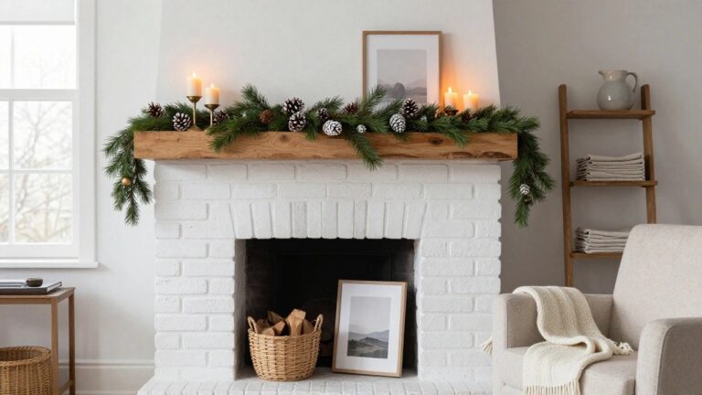White brick fireplace with driftwood-style wooden mantel decorated by cascading pine garland with white-tipped pinecones and flanked by brass candlesticks holding lit white taper candles, large wood-framed mirror above, ladder shelf and beige armchair nearby in a light wood-floored room.
