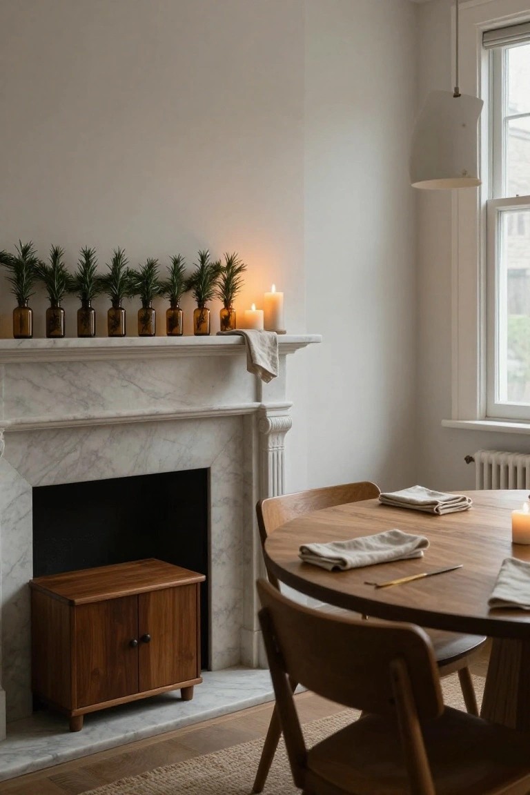 White marble fireplace mantel topped with a row of amber glass bottles holding rosemary sprigs and several candles, with a wooden side table and round dining table nearby in a pale room.