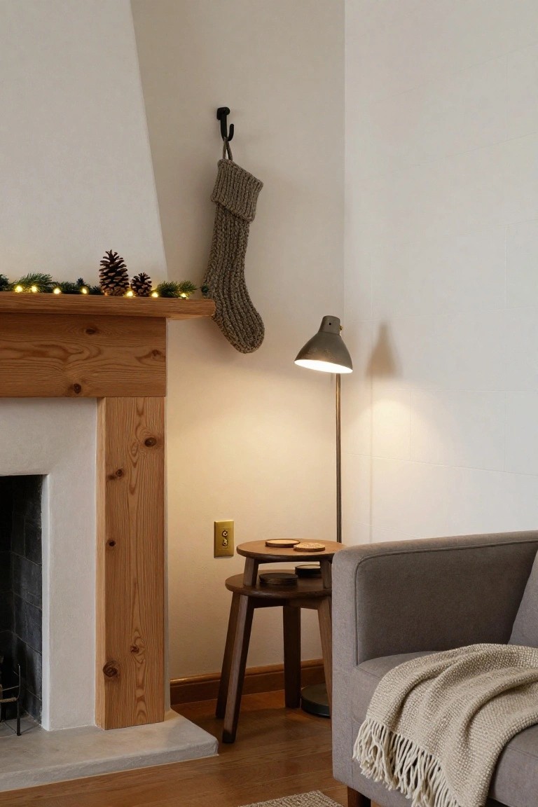 Holiday Mantel with Pinecones and Lights
