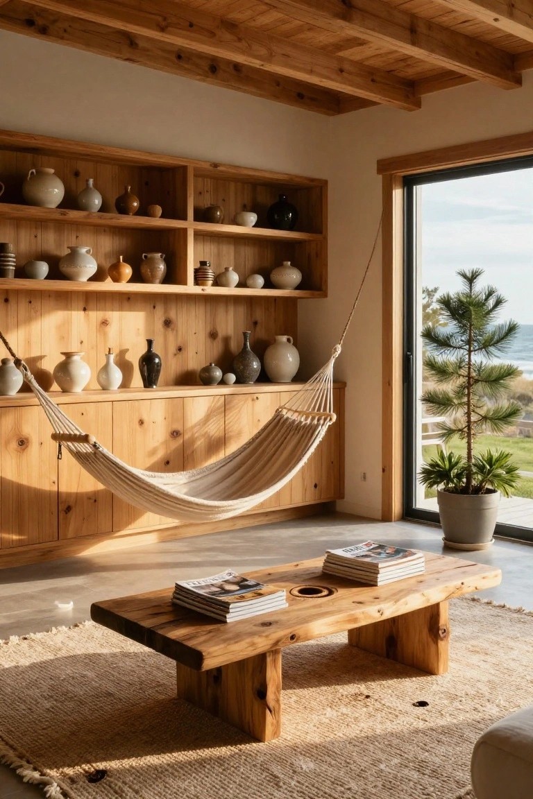 Warm wood-paneled room with built-in shelves displaying ceramic pots and vases, a white hammock suspended from the shelves above a live-edge wooden coffee table on a jute rug, and large windows overlooking a pine tree, greenery, and ocean.