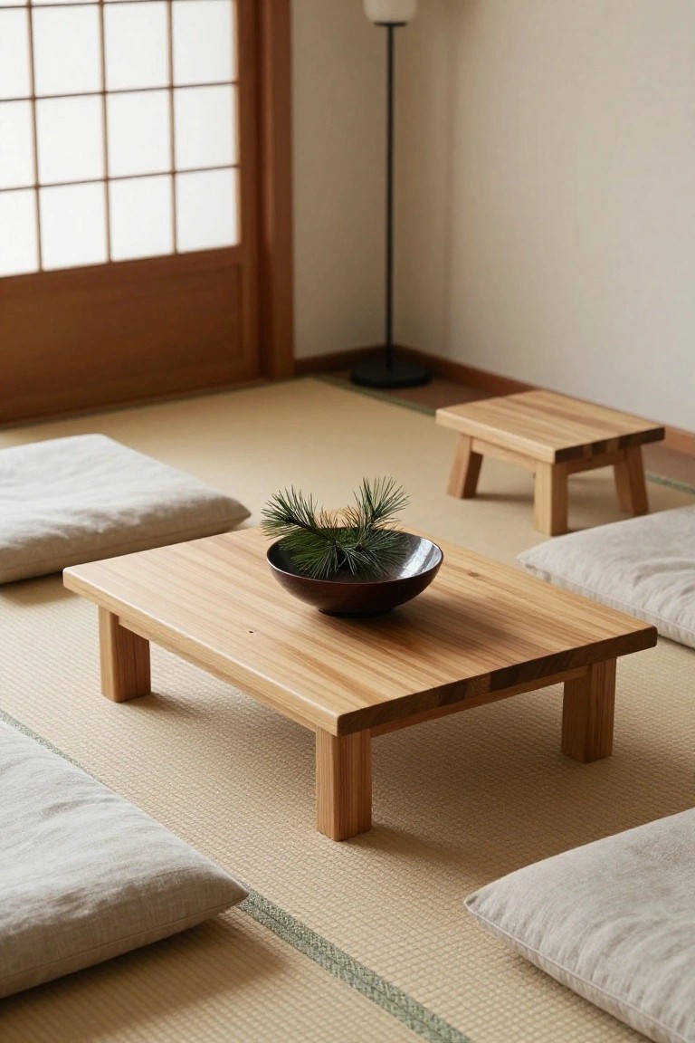 Low wooden table in a tatami-floored Japanese room with a black bowl of pine branches at center, surrounded by beige zabuton cushions, a small wooden stool, shoji screen door, and floor lamp.