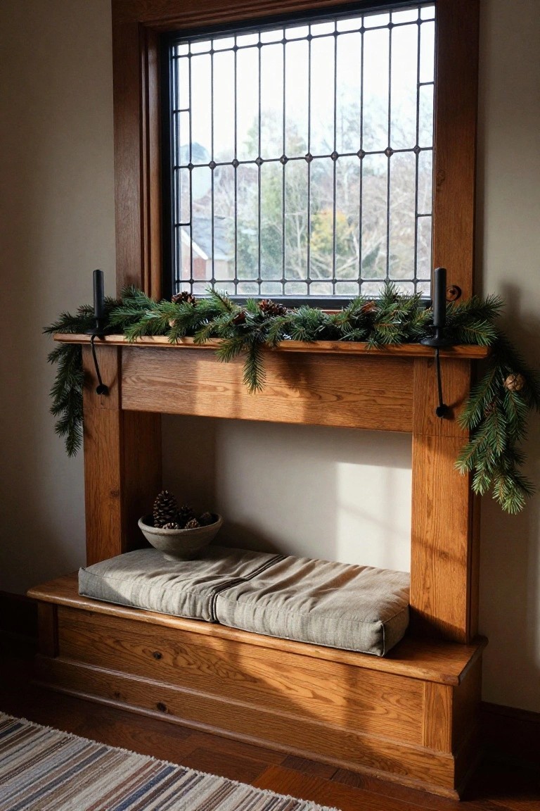 Wooden fireplace mantel with draped fresh green pine garland, black candle holders, pine cones in a white bowl inside the open hearth, and a beige cushioned bench below, next to a tall gridded window overlooking trees.