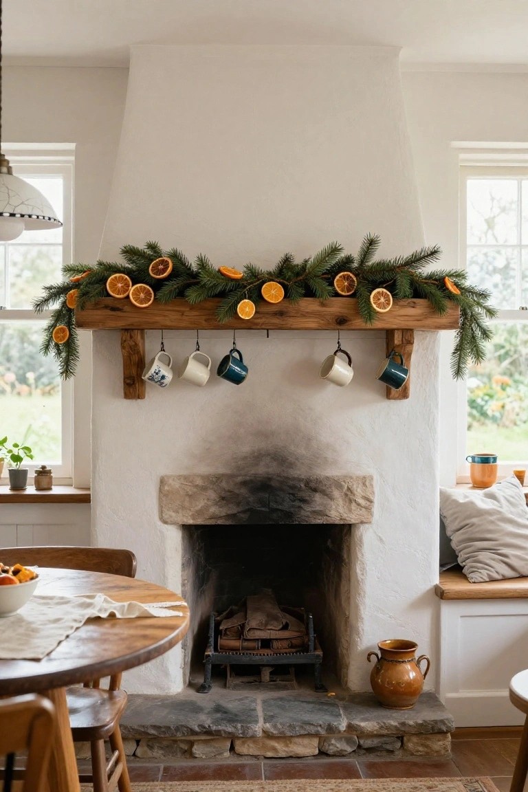 Rustic wooden mantel over a stone fireplace with pine garland and dried orange slices, hanging ceramic mugs, wooden table with bowl of fruit in foreground, white walls and windows with greenery outside.