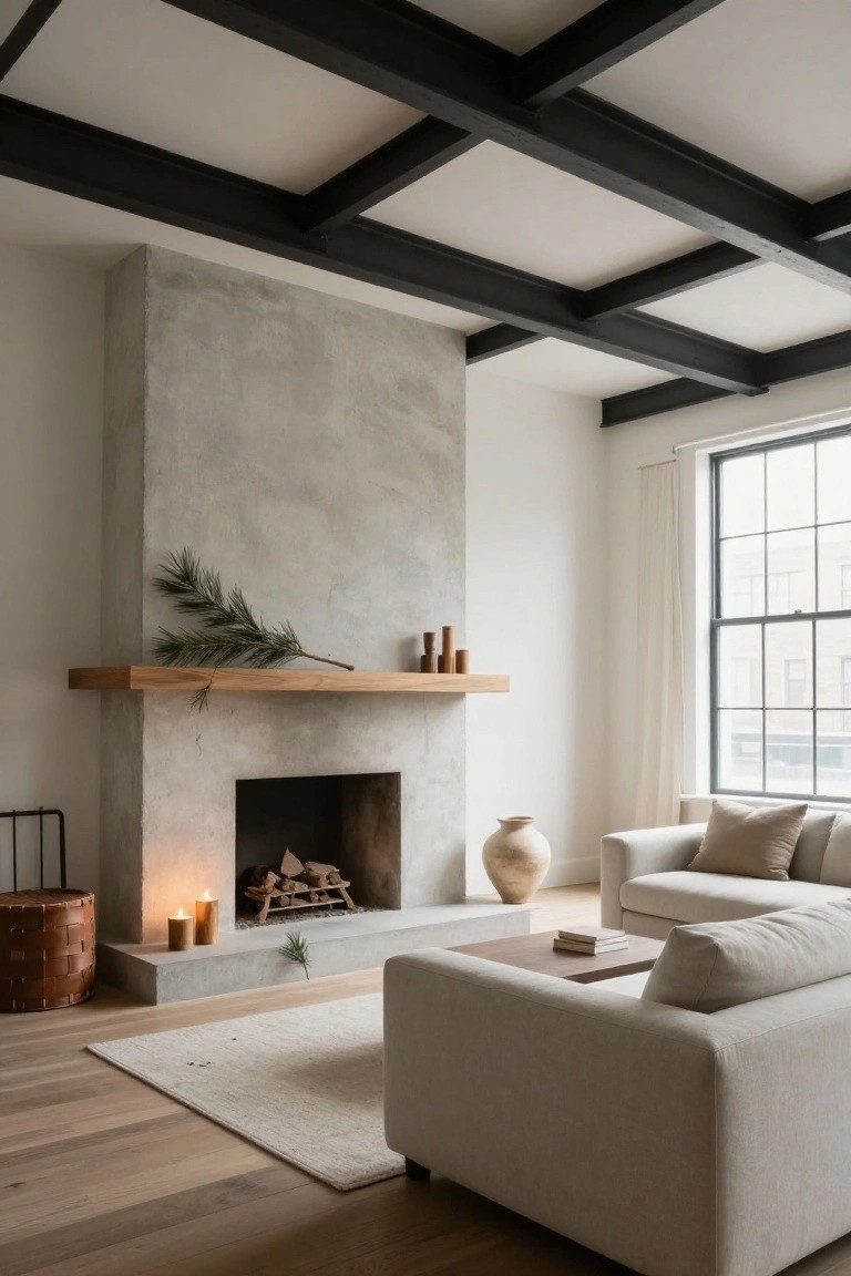 Modern living room interior with tall textured concrete fireplace wall, wooden mantel shelf holding pine branches, candles, and wood blocks, beige sofa facing low coffee table, neutral rug on wood floors, large window with white curtains.