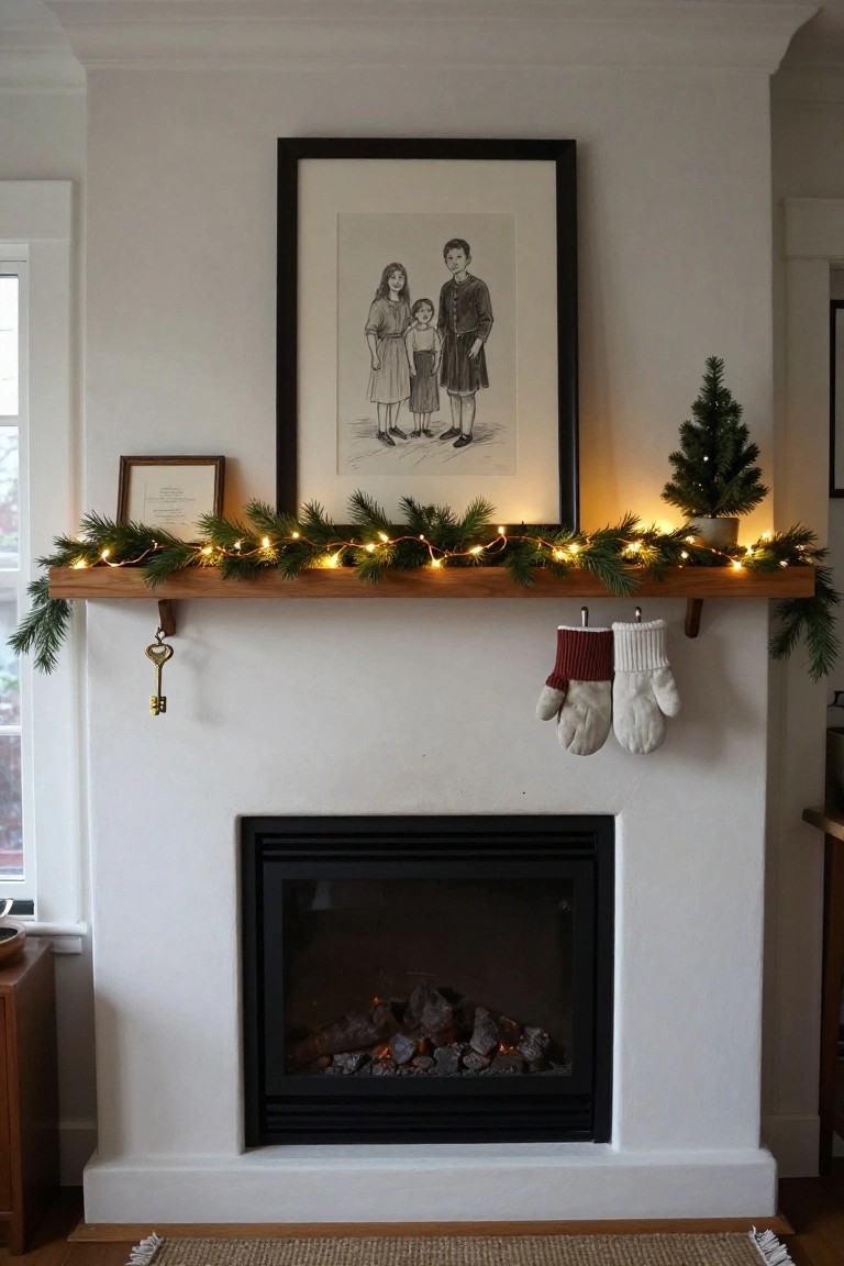 White fireplace with wooden mantel shelf decorated with pine garland and fairy lights, hanging red and white mittens, small potted Christmas tree, gold key ornament, and framed black-and-white family drawing above.