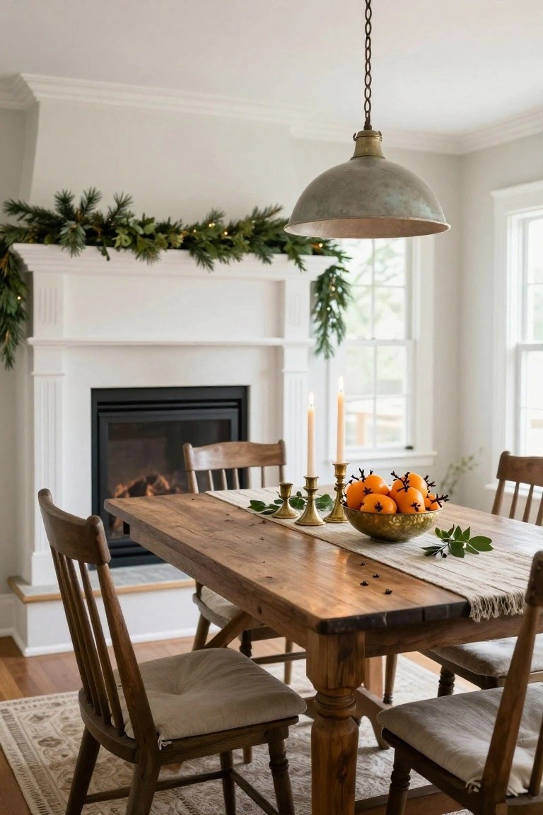 Dining room with white fireplace mantle covered in pine garland with fairy lights, wooden dining table holding brass bowl of clove-studded oranges and candles, wooden chairs, beige runner, and zinc pendant light overhead.