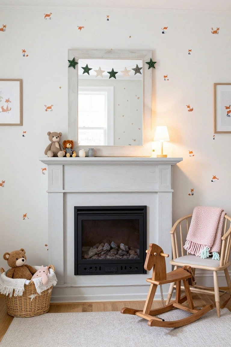 Nursery room with white fireplace mantle holding two teddy bears, a lion doll, and ceramic vases, fox decals on walls, green star garland above adjacent mirror, rocking horse chair, pink blanket on wood chair, and toy basket on floor.
