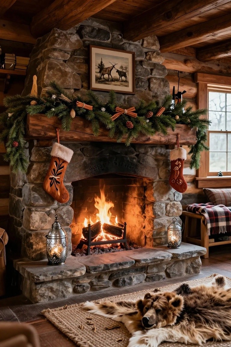 Rustic stone fireplace mantel in a log cabin interior decorated with evergreen garland, pinecones, cinnamon sticks, and two patterned knit stockings hanging from a wooden beam above a burning fire.