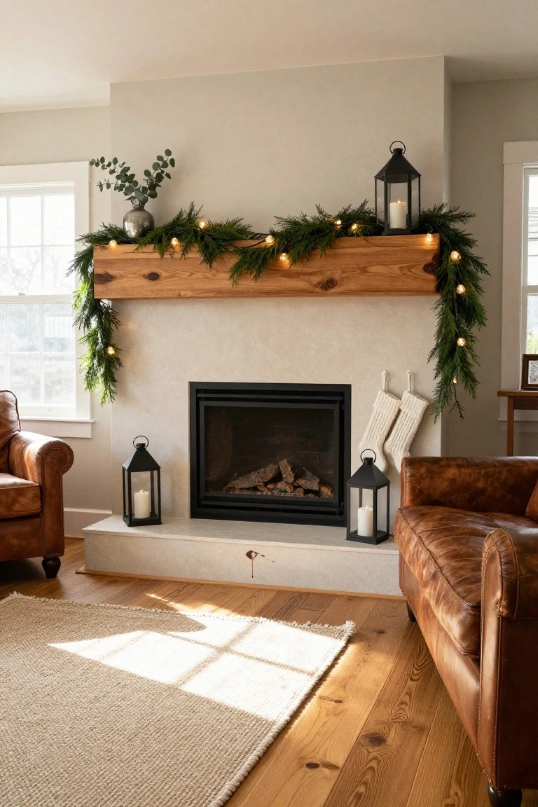 A living room fireplace with a wooden beam mantel shelf topped by pine garland and string lights, flanked by black metal lanterns with candles, white knit stockings hanging from hooks, leather armchairs, and a light jute rug on wood floors.