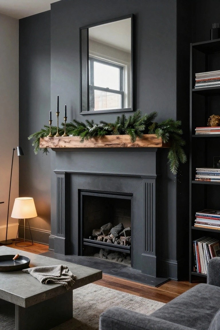 Dark gray living room with wood mantel over fireplace decorated in pine garland and brass candlesticks, concrete coffee table, and gray sofa nearby.