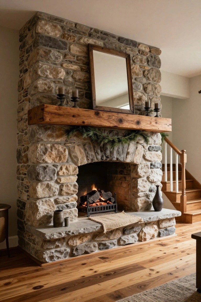 Tall stacked stone fireplace with thick wooden beam mantel decorated with pine garland and candles, large mirror above, fire burning inside, hardwood floors, side table, and wooden stairs in the background