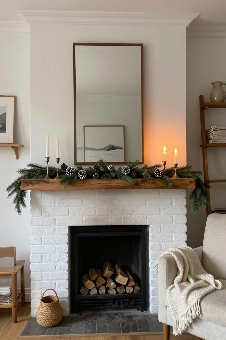 White brick fireplace with driftwood-style wooden mantel decorated by cascading pine garland with white-tipped pinecones and flanked by brass candlesticks holding lit white taper candles, large wood-framed mirror above, ladder shelf and beige armchair nearby in a light wood-floored room.