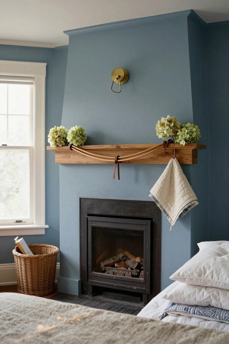 Bedroom with blue walls and white-trimmed window beside a wooden mantel shelf on a black fireplace, displaying two clusters of pale green hydrangeas tied with leather straps and a hanging white quilted towel, lit fire inside, wicker basket with book on wood floor, and bed with white pillows and linens in foreground.
