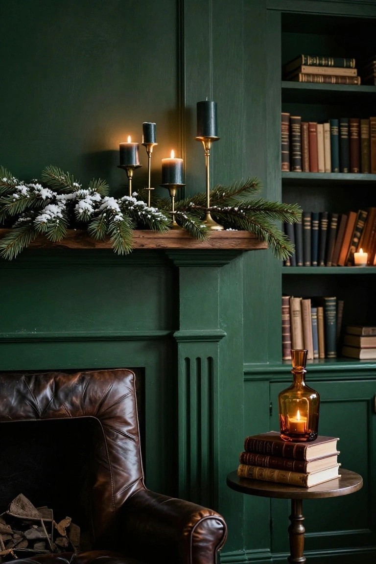 Dark green paneled interior with wooden fireplace mantel decorated in frosted pine branches and brass candelabras with black candles, flanked by bookshelves and a leather armchair with side table.