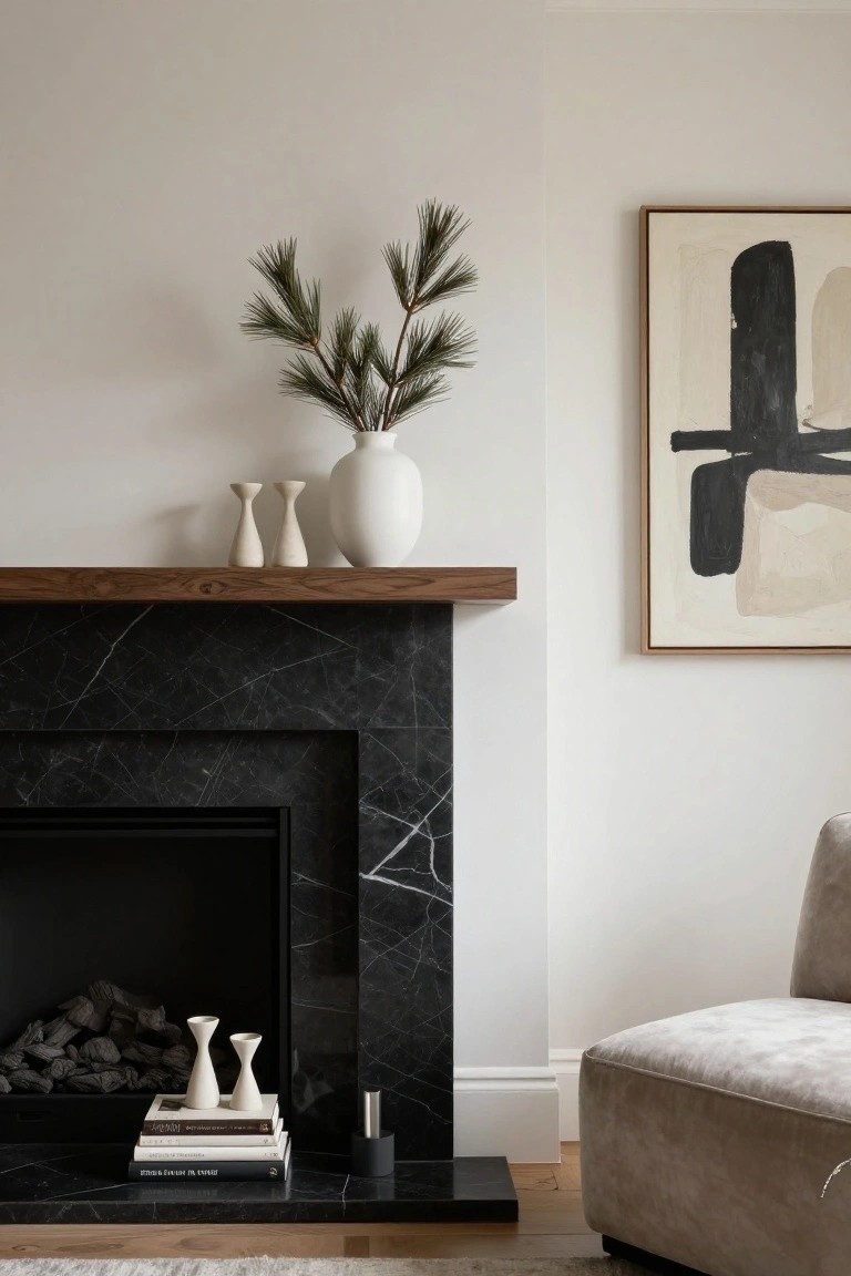 Black marble fireplace with wooden mantel holding a white vase of pine branches, white candlesticks, stacked books, and a black cylinder object, beside a beige upholstered armchair and abstract wall art.