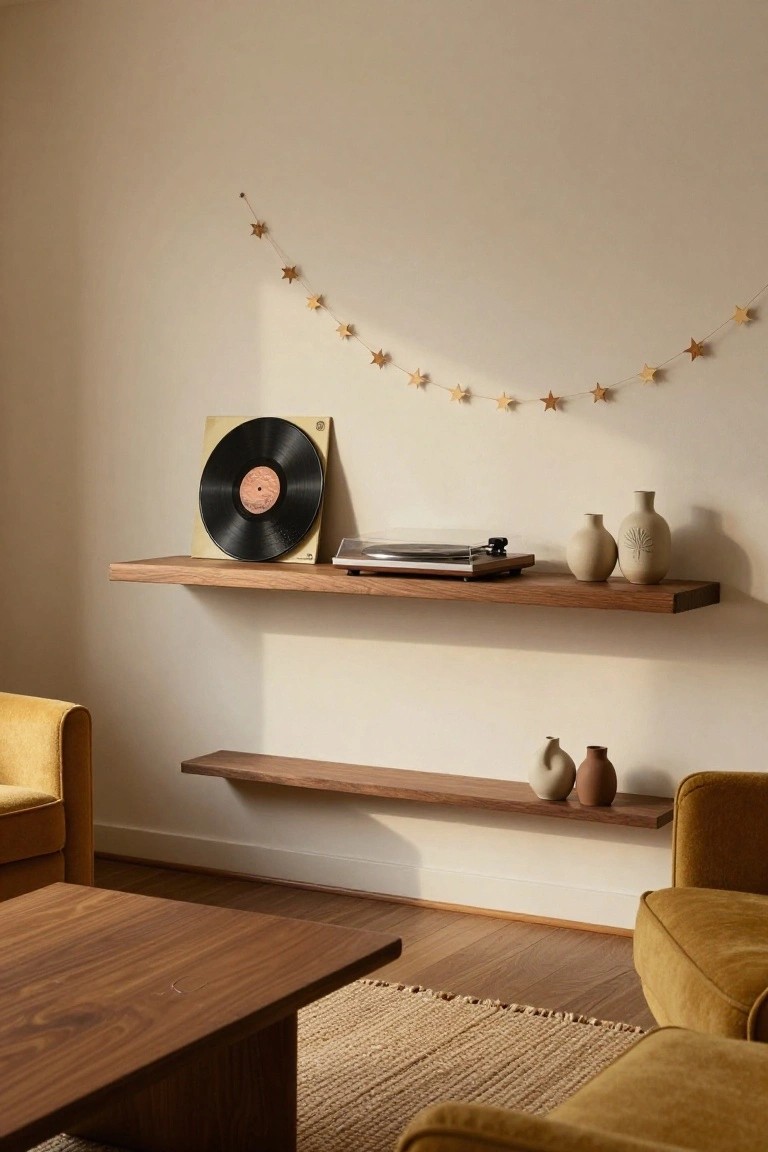Indoor living room corner featuring floating wooden shelves with a record player, vinyl record, ceramic vases, and a dangling wooden star garland on a beige wall, mustard yellow armchairs, wooden coffee table, and jute rug below.