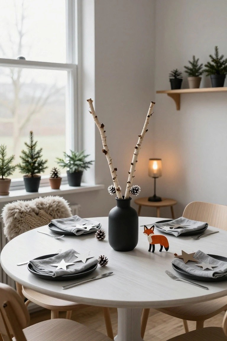 Round white dining table set with black plates, gray napkins with white star cutouts, silverware, a central black vase holding two tall birch branches and pinecones, a wooden fox figurine, small potted Christmas trees on windowsills and shelves, and a sheepskin throw on a chair.
