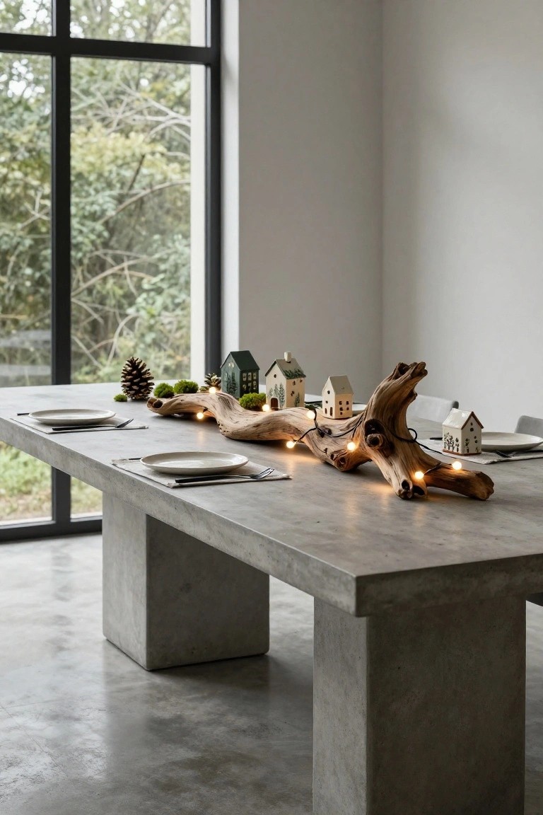 Gray concrete dining table in a bright room with large windows overlooking trees, set with white plates and napkins, featuring a long twisted driftwood branch strung with warm fairy lights, mini ceramic houses, pinecones, and moss as a centerpiece.