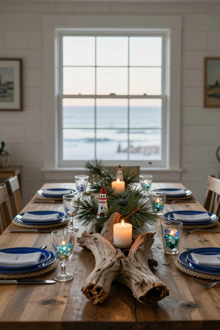 Dining table set with blue plates, white napkins, and glassware containing blue ornaments, centered by a large driftwood piece with pine branches, candles, and a red lighthouse figurine, in a white-walled room with large window showing ocean view.