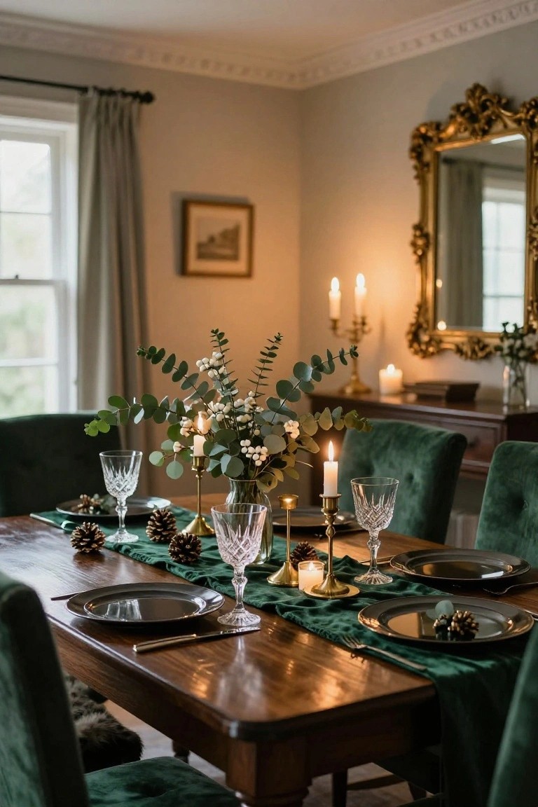 Dining table in a room with green velvet chairs, set with green velvet runner, eucalyptus and berry centerpiece in glass vase, pinecones, gold candlesticks with candles, crystal wine glasses, and black plates.
