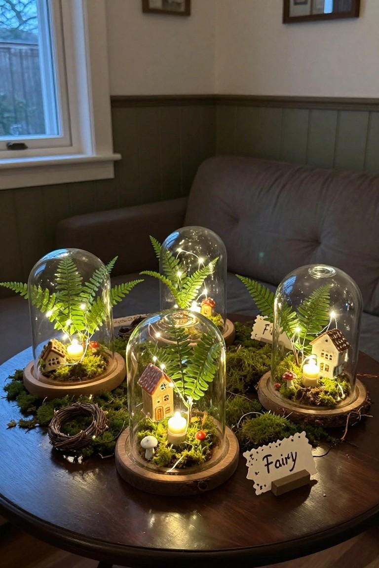 Four glass cloche terrariums with miniature lit houses, ferns, moss, mushrooms, and fairy lights on wood bases, arranged on a round wooden table with moss, twigs, and a 
