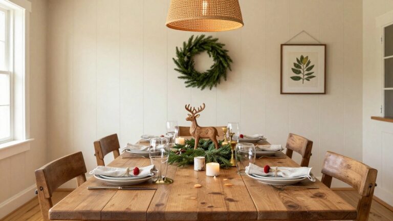 Wooden dining table in a white-walled room set for Christmas with green moss runner, fresh evergreen branches, white candles, linen napkins tied with red berries, glassware, plates, wooden chairs, deer figurine, wall wreath, and rattan pendant light.