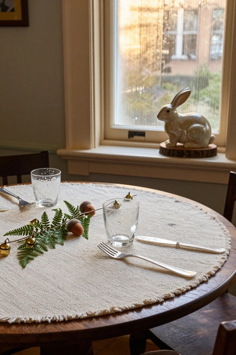 Round wooden dining table topped with white fringed linen cloth holding green ferns, felt acorns, small bells, two clear dotted glass tumblers, and silverware, beside a window with ceramic rabbit figurine on sill.