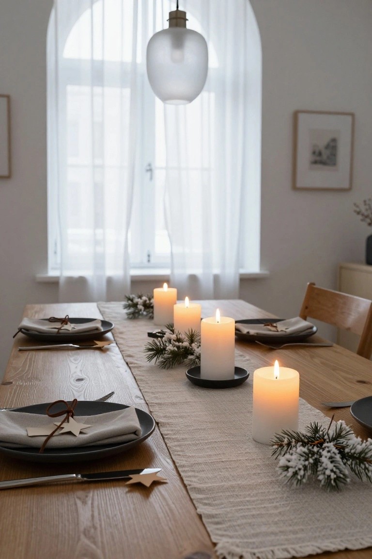 Wooden dining table set for Christmas with black plates, linen napkins tied with twine and wooden stars, multiple white pillar candles in black holders, frosted fir branches, and a beige runner, in a white room with arched window and pendant light.