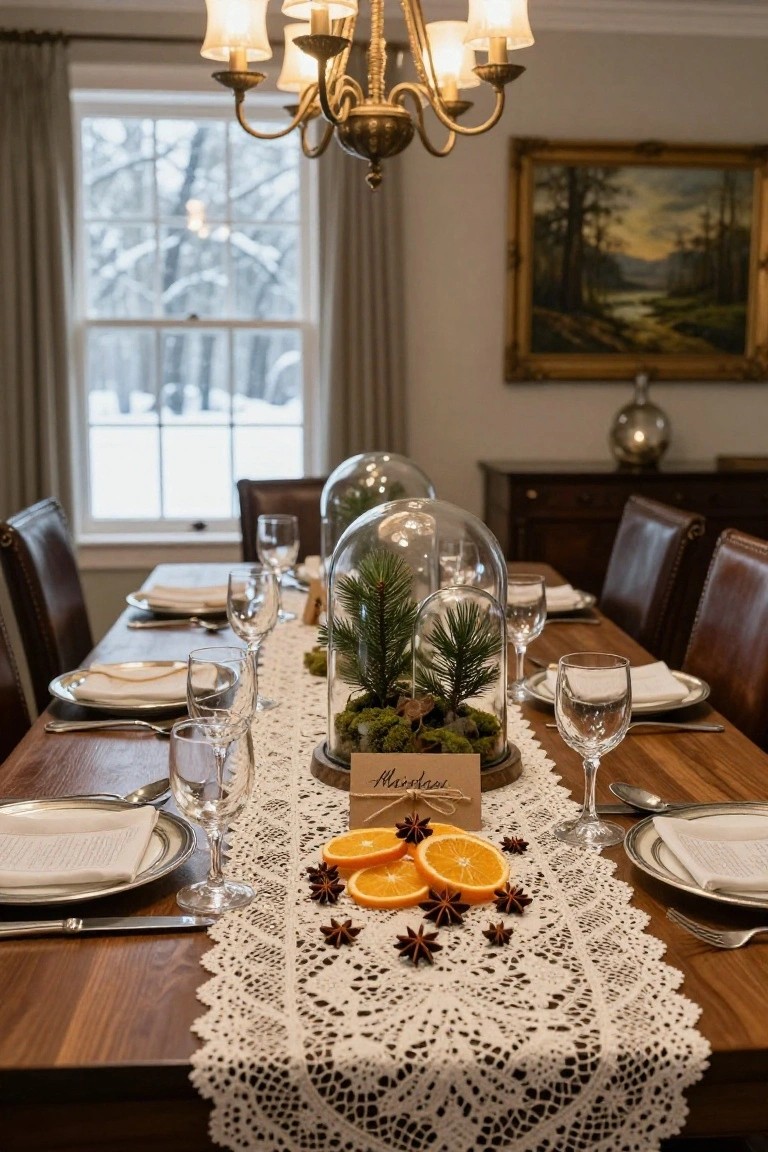 Dining table with wooden surface, white lace runner, glass dome terrariums containing small pine trees and moss, place settings with white plates and wine glasses, orange slices and star anise accents, leather chairs, chandelier above, winter view through window.