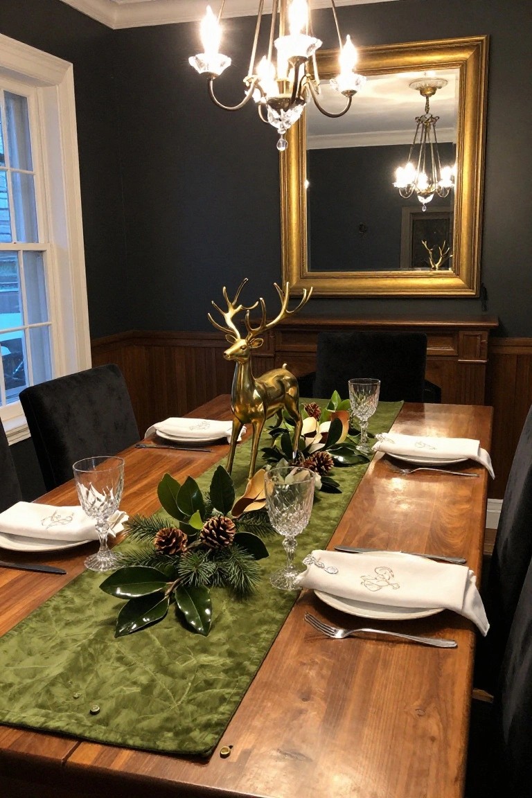 Dining table set with green velvet runner topped by gold deer figures, pinecones, magnolia leaves, fir branches, crystal glassware, and white napkins on black velvet chairs in a dark-walled room with chandeliers and mirror.