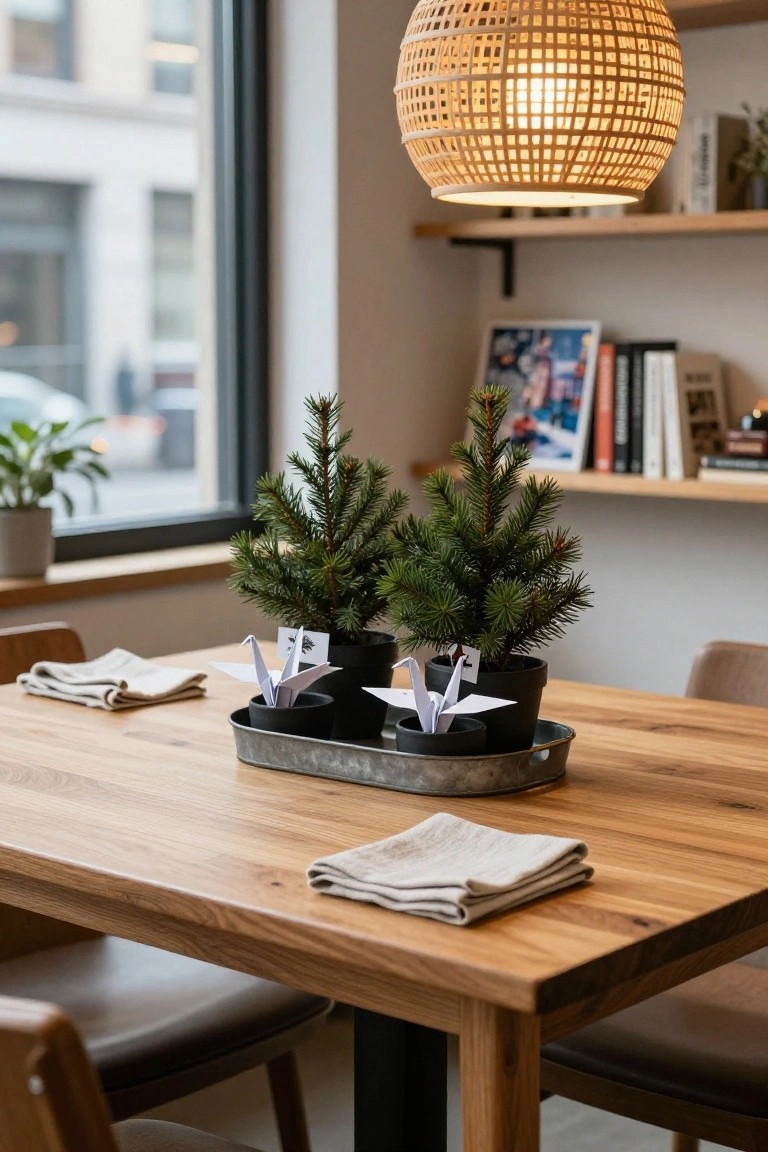 Wooden dining table in a bright interior with two small potted fir trees in black pots on a metal tray, white origami cranes beside them, linen napkins, wooden chairs, and shelves with books in the background.